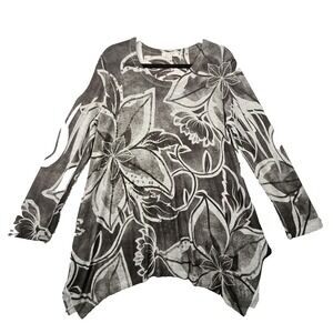 Jess & Jane Top Womens M Floral Studded Asymmetric Artsy Lagenlook Floral READ!!
